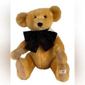 Vintage Carrousel Teddy Bear 14" Jointed Mohair Golden Tan Black Bow Made In USA